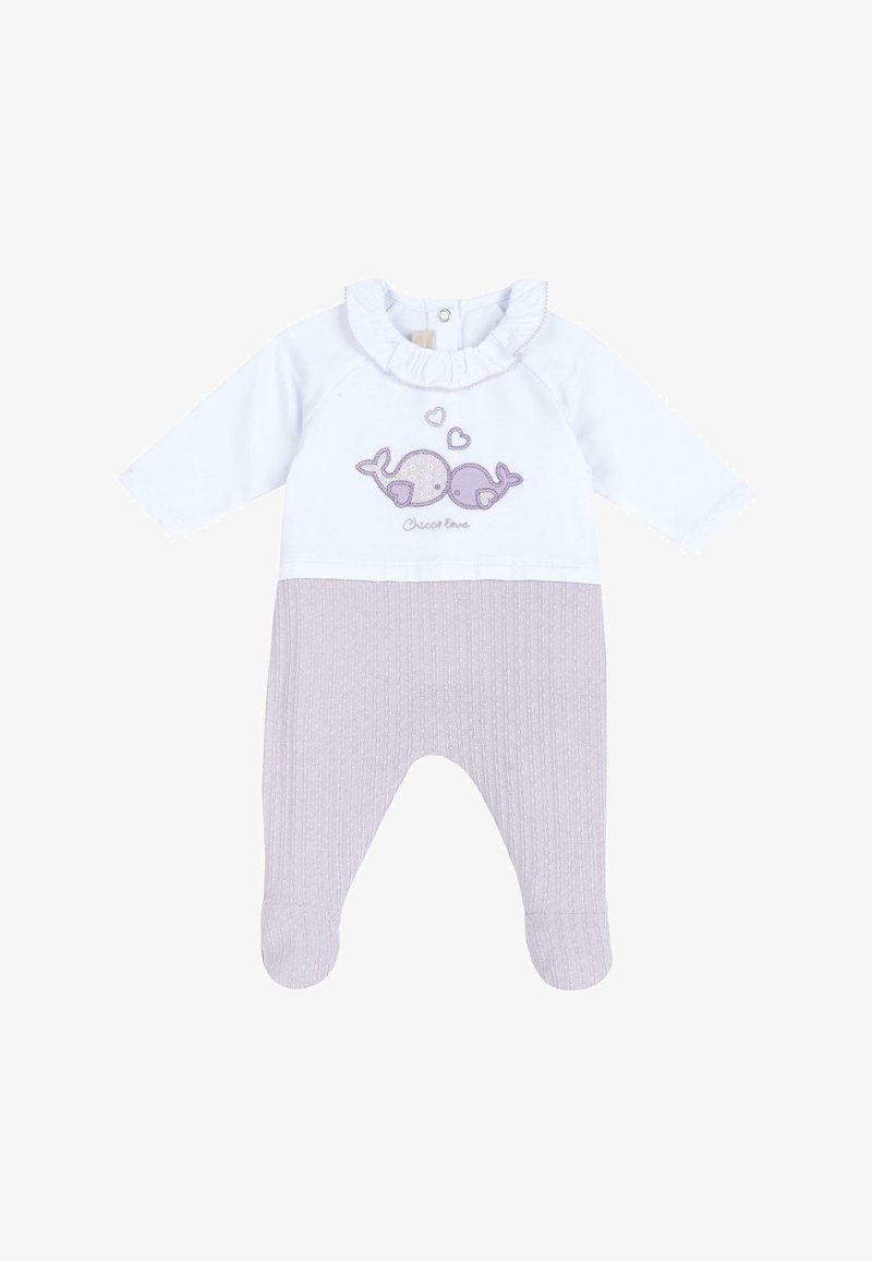 Body neonato bianco e lilla chiaro con maniche lunghe, gambe a coste, colletto arricciato e design ricamato di una balena con cuori.