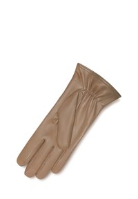 Brown leather glove with a gathered wrist, featuring three fingers and a separate thumb. Smooth texture and simple design.