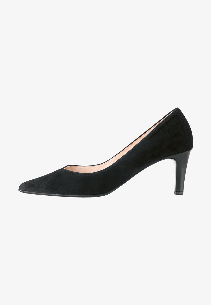 Escarpin femme en daim noir à bout pointu, talon fin de hauteur moyenne et doublure intérieure beige clair.