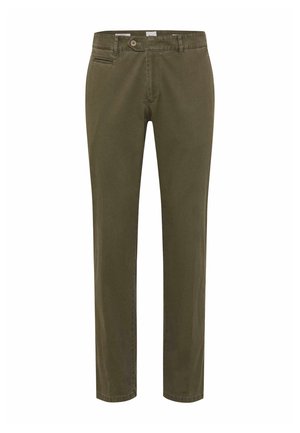 Pantaloni slim fit verde oliva con chiusura a bottone e zip, passanti per cintura e tasche frontali e posteriori, vista frontale su sfondo bianco.