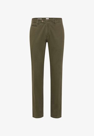 Pantaloni slim fit verde oliva con chiusura a bottone e zip, passanti per cintura e tasche frontali e posteriori, vista frontale su sfondo bianco.
