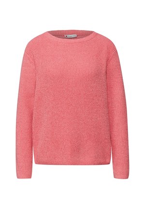 Růžový pletený svetr s kulatým výstřihem, dlouhými rukávy a volným střihem. Textura je měkká a má lehce žebrovaný vzor.