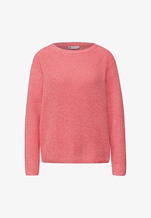 Suéter de punto rosa con cuello redondo, mangas largas y ajuste holgado. La textura es suave, con un patrón ligeramente acanalado.