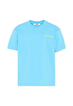 T-shirt a maniche corte di colore azzurro chiaro con piccolo logo MSGM giallo e verde sul petto a sinistra e scollo rotondo.