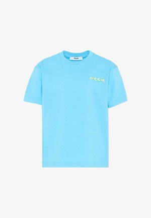 Jasnoniebieska koszulka z krótkim rękawem, z małym żółto-zielonym logo MSGM na lewej piersi oraz okrągłym dekoltem.