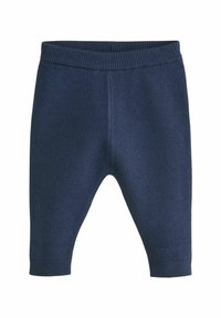 Pantalons pour bébé en tricot bleu marine, avec une taille élastique et des poignets. Texture douce, design de jambes effilées, avec un motif subtil.