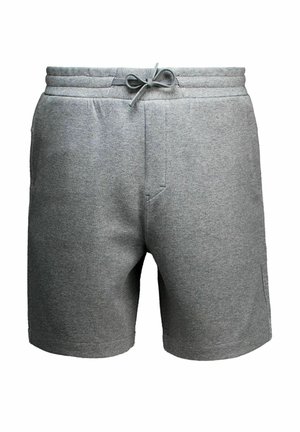 Grijze casual korte broek met een elastische tailleband en een vastgeknoopt trekkoord, voorzien van zijzakken en een zachte stoftextuur.