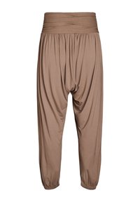 Jasnobrązowe spodnie haremowe wykonane z miękkiego materiału. Posiadają szeroki, marszczony pas i zwężane mankiety na kostkach. Luźny krój.