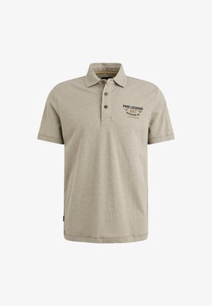 Beige poloshirt van een katoenmix, korte mouwen, drie knopen en geborduurd logo op de linkerborst. Heeft een effen ontwerp en een gestructureerde stof.