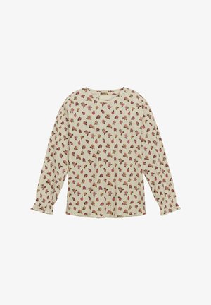 Langærmet bluse i creme med et blomstermotiv i pink og gul over hele. Har en rund halsudskæring og samlede manchetter. Struktureret stof.