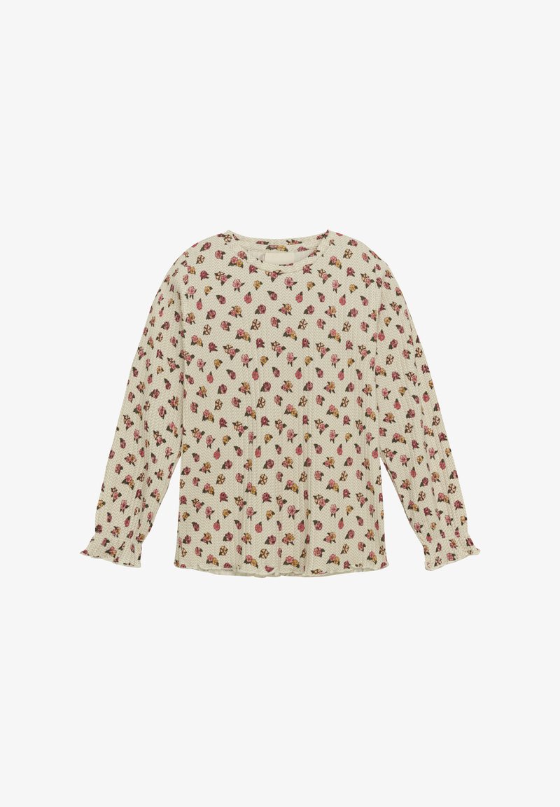 Lange mouwen blouse in crème met een algehele bloemenprint in roze en geel. Heeft een ronde halslijn en gathered manchetten. Textuurstof.
