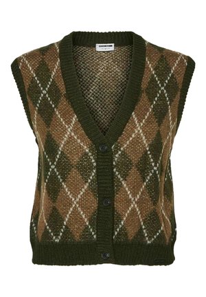 Gilet tricoté sans manches avec motif losanges marron et vert olive, encolure en V côtelée, fermeture boutonnée devant, ourlet et emmanchures côtelés.