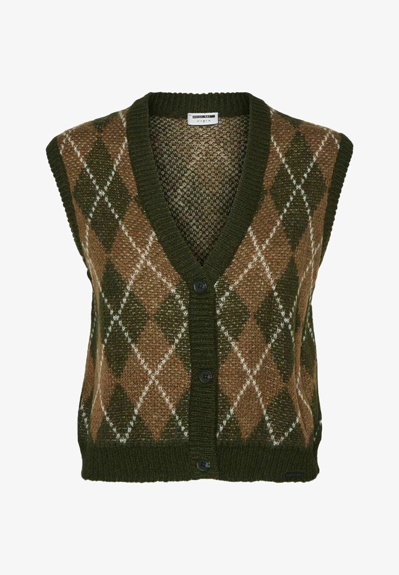 Gilet tricoté sans manches avec motif losanges marron et vert olive, encolure en V côtelée, fermeture boutonnée devant, ourlet et emmanchures côtelés.