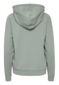 Ljust grågrön huvtröja med långa ärmar och ribbade manschetter, sedd bakifrån mot en vit bakgrund.