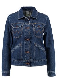 Jeansjacka i mörkblå med en klassisk design. Har bröstfickor, metallknappar och kontrasterande sömmar. Långa ärmar och knappade manschetter.