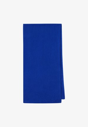 Solid blue fabric scarf with a smooth texture, rectangular shape, and neatly finished edges. No patterns or embellishments present.
