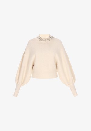 Cremefarvet sweater med ballonærmer og dekoreret høj halsudskæring med klynger af rhinsten og perler.