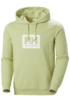 Groene katoenen hoodie met een voorzak, verstelbare trekkoorden en een witte logo-afbeelding met "Helly Hansen" en de initialen "HH."