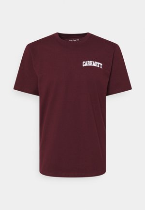 Maroon bomull t-shirt med rund hals, korta ärmar, och en vit "Carhartt" logotyp tryckt på vänstra bröstet.