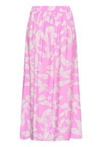 Jupe midi rose avec motif de feuilles blanches, taille élastique et tissu fluide.