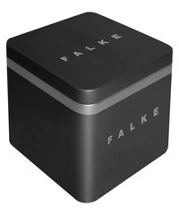 Contenitore in metallo quadrato nero con dettagli in argento, con il logo "FALKE" ben visibile sulla parte superiore e sui lati.