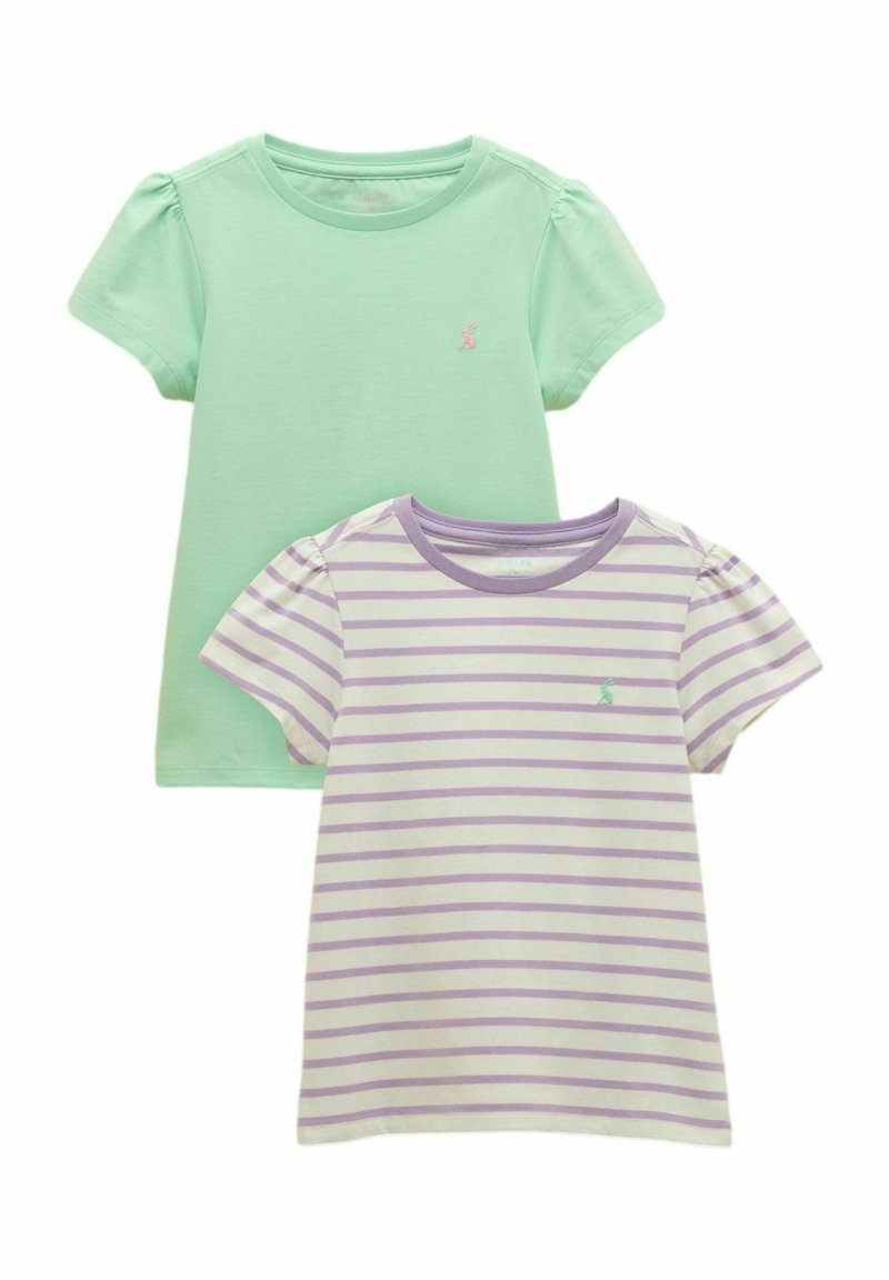 Ensemble de deux t-shirts à manches courtes pour filles, un uni vert menthe et un blanc à rayures violet clair, tous deux à col rond.