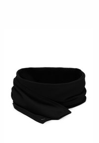 Écharpe noire en tissu doux, présentant une texture lisse et un design en boucle sans couture pour un port facile.