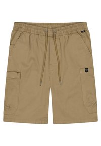 Pantalones cortos cargo beige con cintura elástica, cordón ajustable, dos bolsillos laterales y una pequeña etiqueta de marca en el bolsillo frontal.