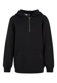 Svart zip-up hoodie i bomullsblandning, med en framficka, ribbade muddärmar och fodrad huva. Slät textur och minimalistisk design.