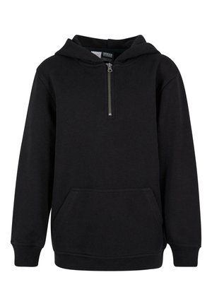 Felpa nera con zip realizzata in un misto cotone, con tasca frontale, polsini a costine e cappuccio foderato. Texture liscia e design minimalista.