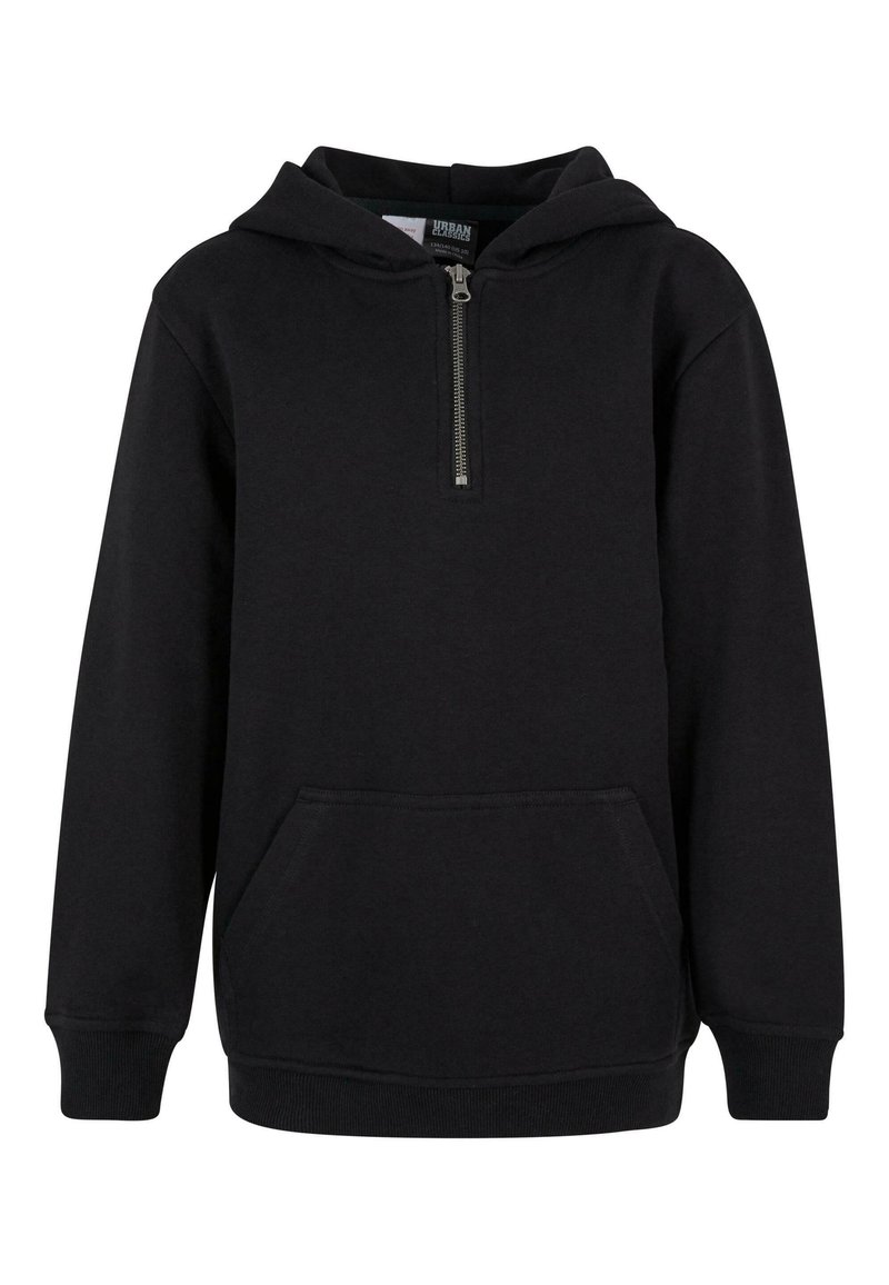 Svart zip-up hoodie i bomullsblandning, med en framficka, ribbade muddärmar och fodrad huva. Slät textur och minimalistisk design.