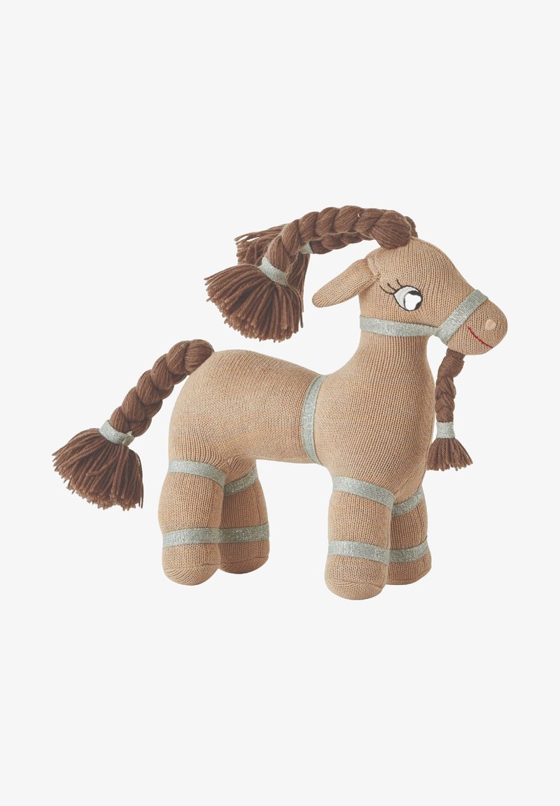 Jouet en forme de cheval en tricot beige avec une crinière et une queue tressées marron, des bandes argentées sur les pattes et le corps, ainsi que des yeux et un sourire brodés.