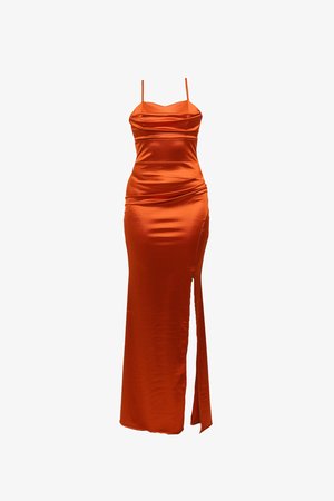Ruched orange satin dress with a fitted bodice, spaghetti straps, and a side slit, creating a sleek silhouette. Smooth texture and shine.