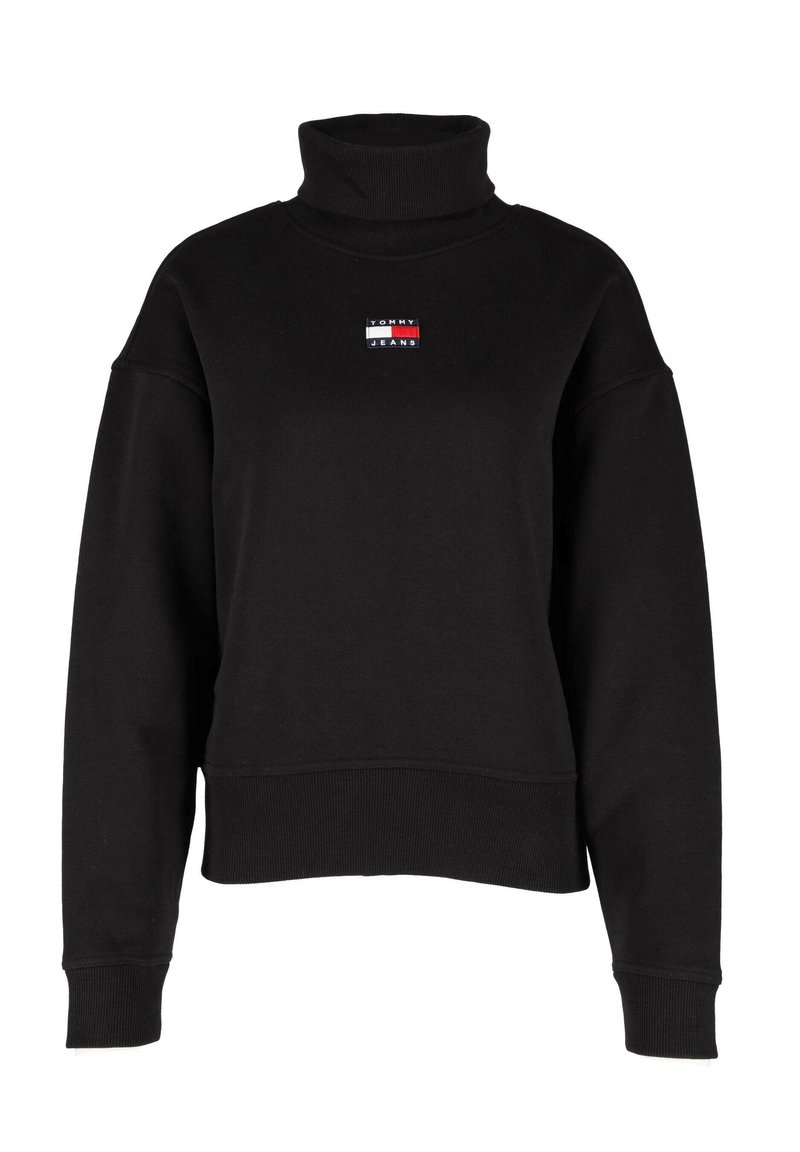 Felpa nera con collo alto realizzata in morbido tessuto, con un piccolo logo ricamato sul petto, vestibilità comoda e polsini a coste.