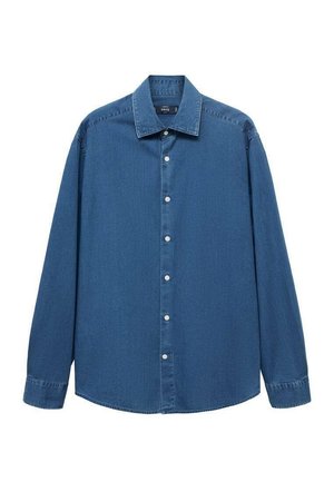 Long-sleeve blue denim button-up shirt with collar and white buttons, plain design, displayed front-facing on a white background.
