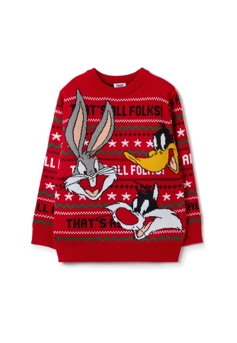 Un pull en tricot rouge portant les personnages de dessin animé Bugs Bunny, Daffy Duck et Sylvester, avec la phrase "C'EST TOUT MONSIEUR !" incluse.