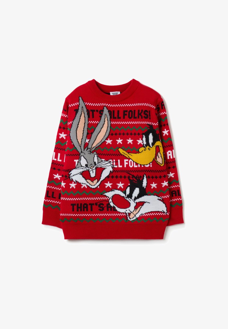 Rode gebreide trui met cartoonfiguren Bugs Bunny, Daffy Duck en Sylvester, met de zin "DAT IS AL DAME!".