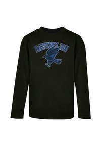 Schwarzes Langarmshirt mit einem blauen Ravenclaw-Design und Text darüber. Weicher Stoff mit Rundhalsausschnitt und lockerer Passform.