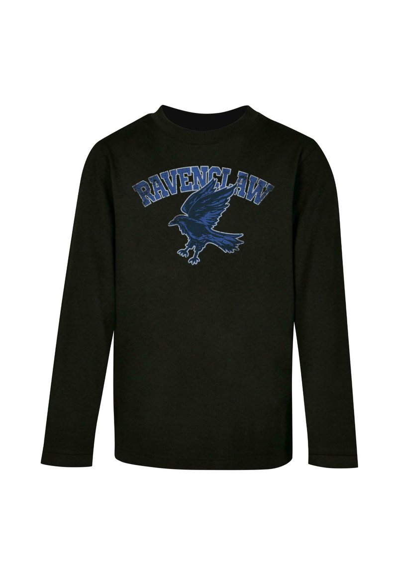 Schwarzes Langarmshirt mit einem blauen Ravenclaw-Design und Text darüber. Weicher Stoff mit Rundhalsausschnitt und lockerer Passform.