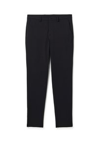 Pantaloni slim fit neri su misura con passanti per cintura, chiusura con bottone e tasche laterali, esposti in modo piatto su sfondo bianco.