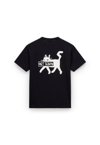 Black cotton t-shirt featuring a white graphic of a walking cat with a sign that reads "NOT TODAY," centered on the back.