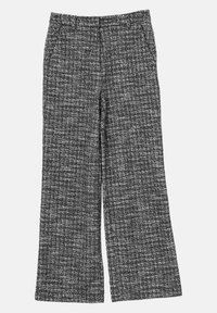 Pantalons larges en matériau tissé noir et blanc, avec un motif texturé et des poches avant. Taille mi-haute pour le confort.