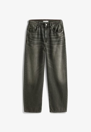 Mørkegrå brede bukser lavet af denim, med et klassisk femlommersdesign, knaplukning og en subtil falmning på stoffet.