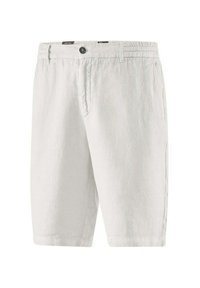 Pantaloni corti bianchi in lino con una vestibilità morbida, dotati di vita elastica, chiusura a bottone e tasche laterali; texture liscia e lunghezza fino al ginocchio.