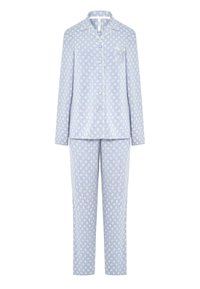 Conjunto de pijama de manga larga de color azul claro con un patrón de hojas blancas, camiseta abotonada con cuello y bolsillo en el pecho, y pantalones rectos a juego.