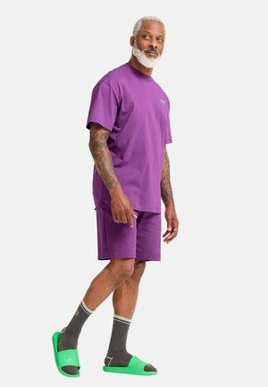 Man met grijze baard en tatoeages, gekleed in een paars T-shirt en korte broek, donkere sokken en felgroene slippers, staand en naar de zijkant kijkend.