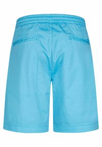 Lichtblauwe shorts van gladde stof, met een elastische tailleband en twee achterzakken met rechthoekige openingen.
