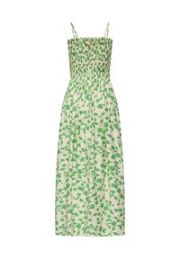 Robe midi blanche sans manches avec motif floral vert et corsage froncé, avec fines bretelles et taille froncée.