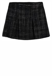 Gonna nera plissettata realizzata in tessuto testurizzato con un motivo a griglia bianco. Caratterizzata da una vita aderente e un orlo svasato.