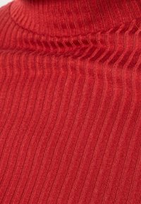Pull à col roulé côtelé rouge avec une surface texturée, présentant des lignes verticales étroites et une coupe ajustée, idéal pour le superposition.